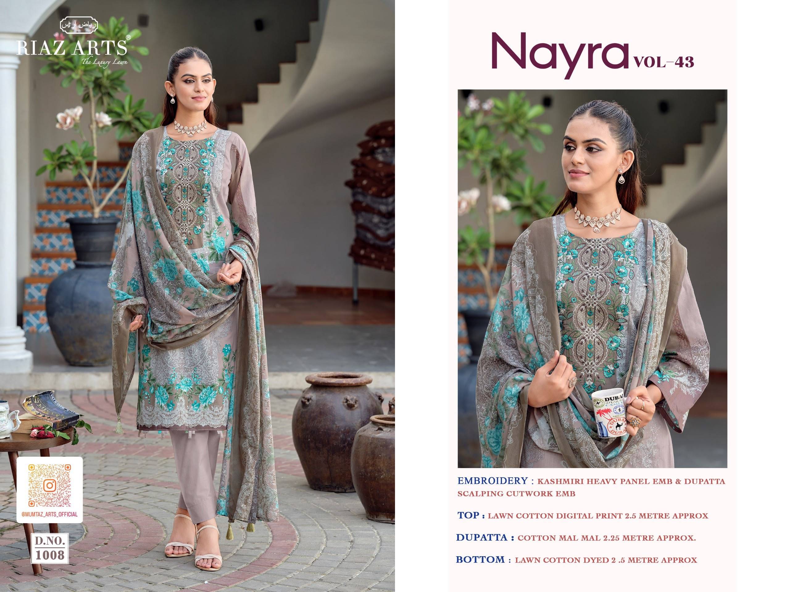NAYRA VOL-43 BY RIAZ ARTS 1001 To 1008 Series Beautiful Pakistani Suits Colorful Stylish Fancy Ethnic Wear Cotton Dresses At Wholesale